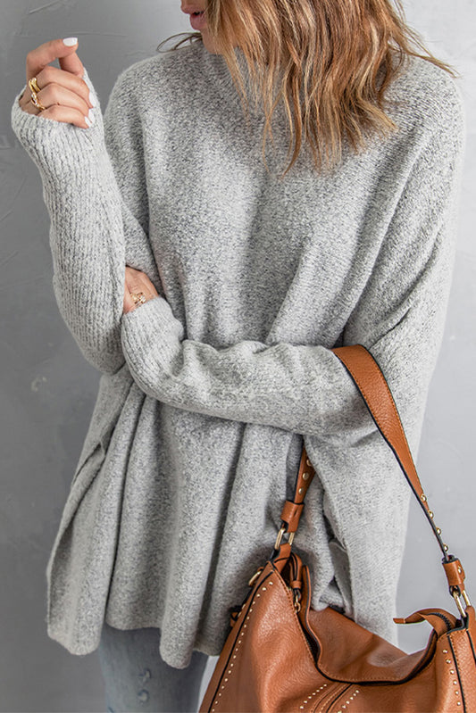 Grey Side Split Casual High Neck Sweater Top