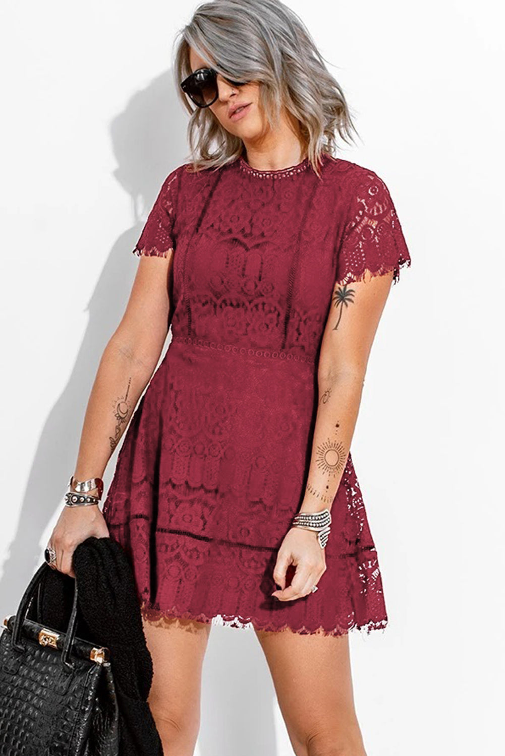 Lace Crochet Short Sleeve Casual High Waist Mini Dress