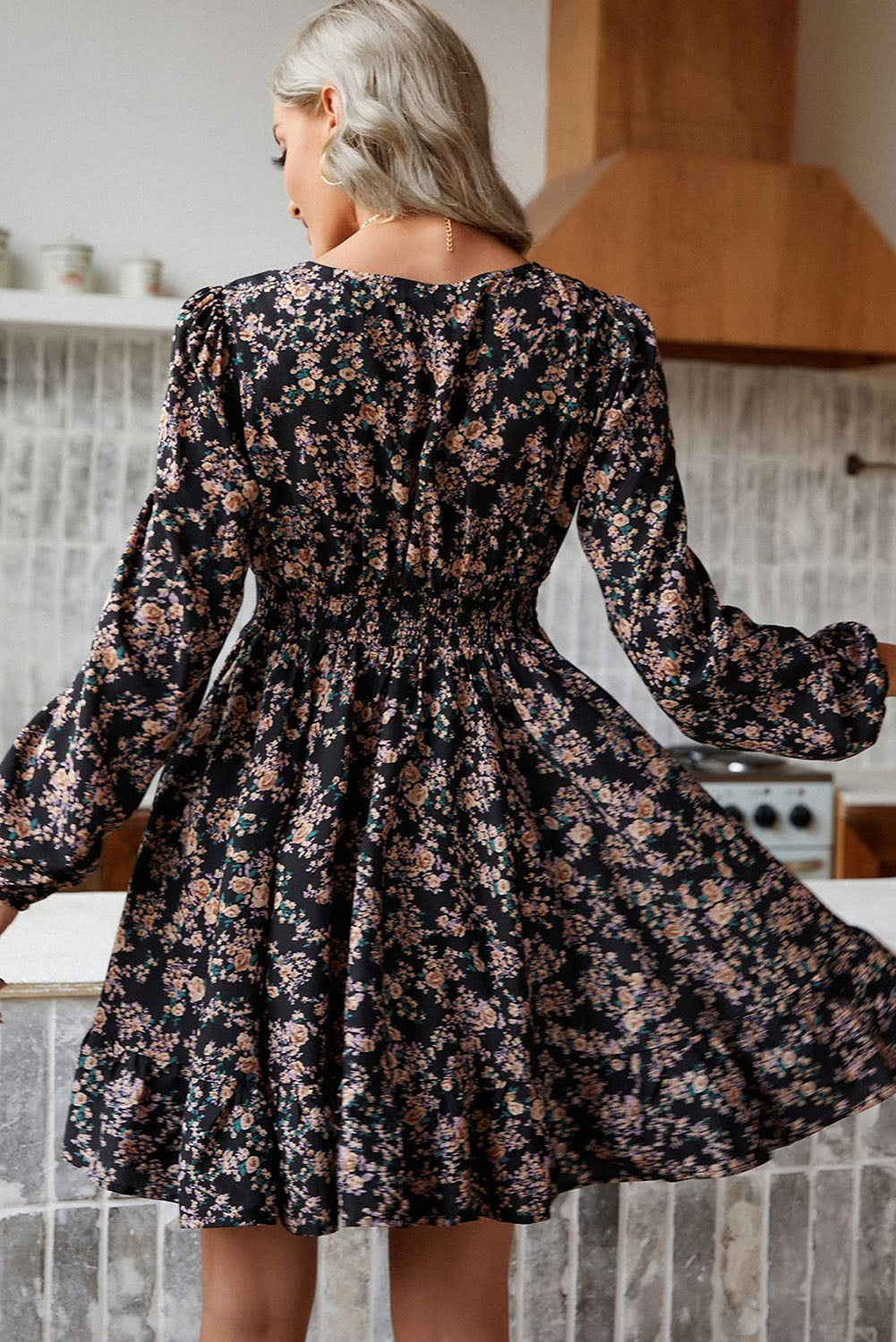 Floral Print Lace Contrast Casual Black Mini Dress