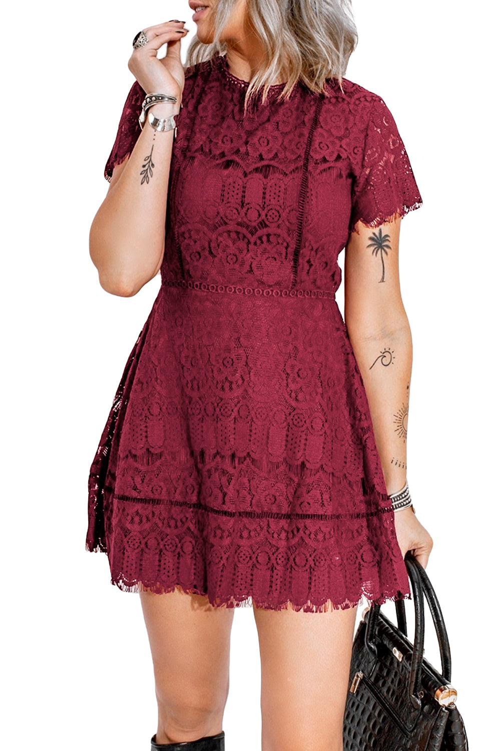 Lace Crochet Short Sleeve Casual High Waist Mini Dress
